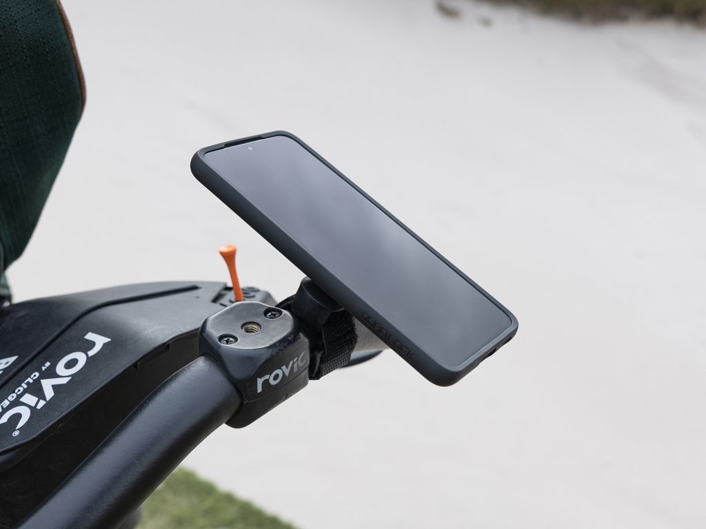 quad lock cased smartphone attached to golf buggy